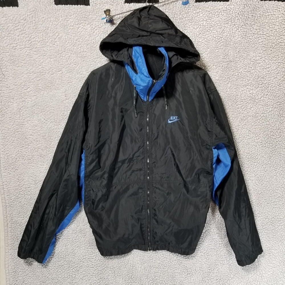Vintage Nike Jacket Mens Large Blue Black Windbreaker Full Zip With Hood 80s - Picture 13 of 14